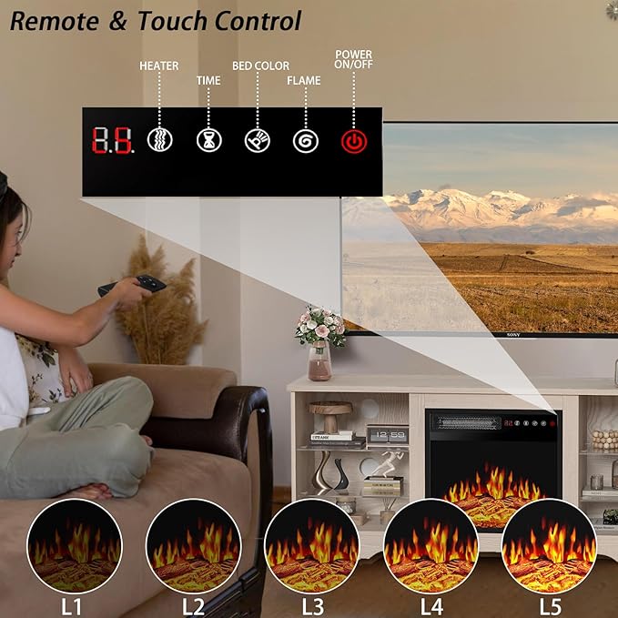 PRETZI Fireplace TV Stand with 18" Fireplace Up to 65" TVs, TV Media Console
