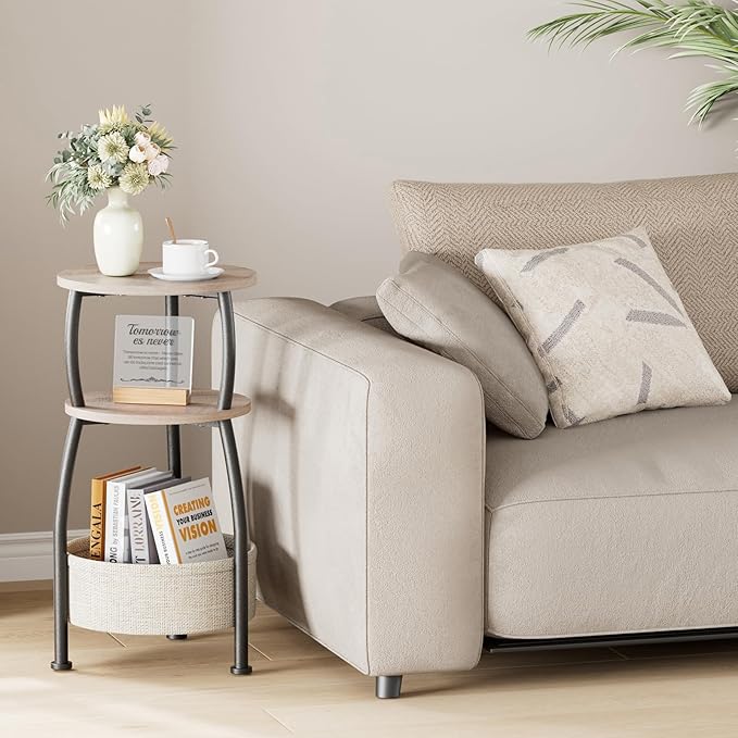 Round Side Table with Storage Basket –Small Space Saving End Table 3-Tier