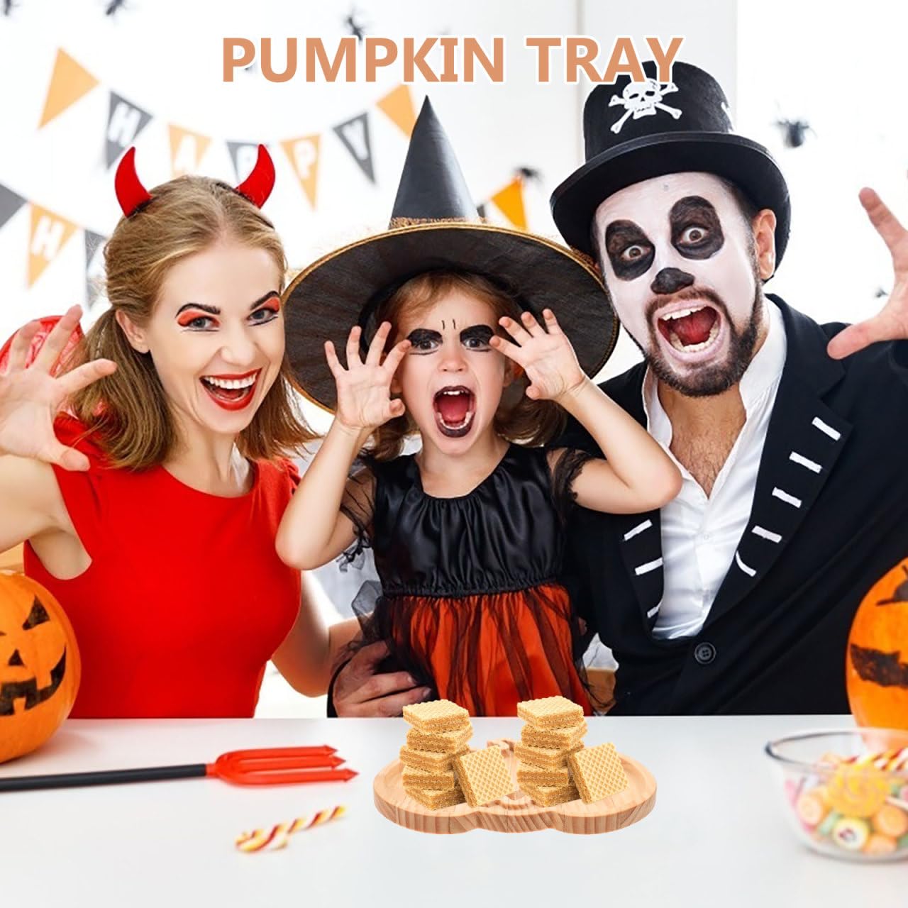 Healifty Halloween Pumpkin Snack Tray Wooden Serving Plate 9.37X8.14 Inch Seasonal Dessert Fruit Candy Appetizer Tray for Kitchen Dining