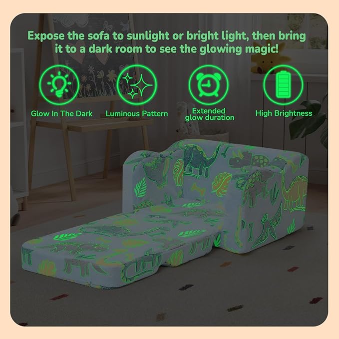 MeMoreCool Glowing Pastel Rainbow Kids Chair, 2-in-1 Foldable Kids Couch and