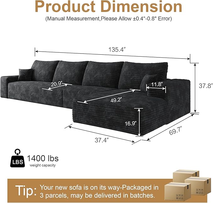 136" Sectional Couches for Living Room Cloud Couch Sofa