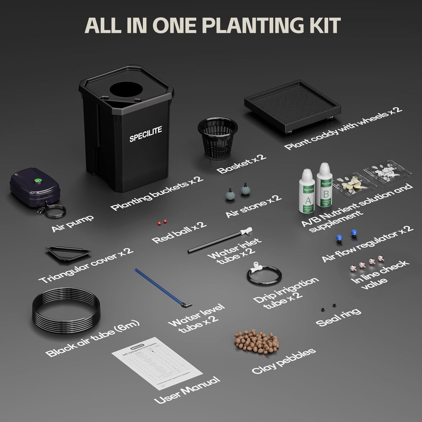SPECILITE DWC Hydroponics Grow System with Top Drip Kit, 7 Gallon 2 Buckets Deep Water Culture Recirculating Drip Garden System with Plant Stand with Wheels, Air Pump, Air Stone, Air Hose