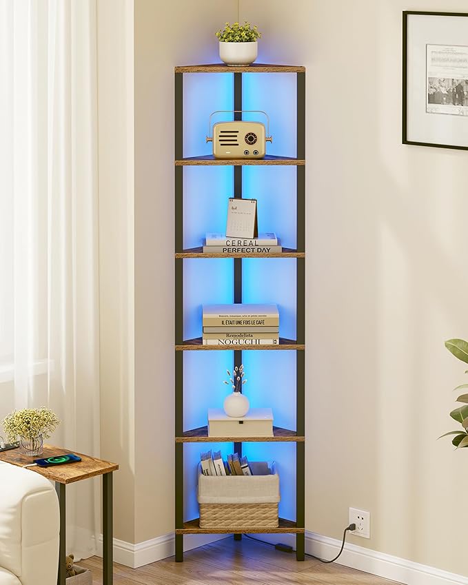 TUTOTAK Corner Shelf with LED Light, 6-Tier Corner Bookshelf
