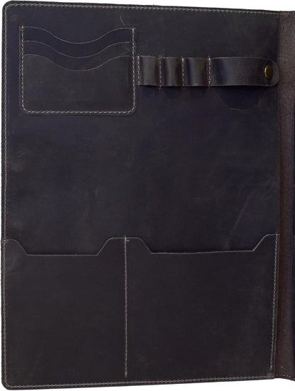 Leather Portfolio Folder - Genuine Leather Document Organizer with Multiple Pockets and Pen Holder – Business Padfolio for A4 Letter Size Papers, Professional Resume or Meeting Use (Charcoal)