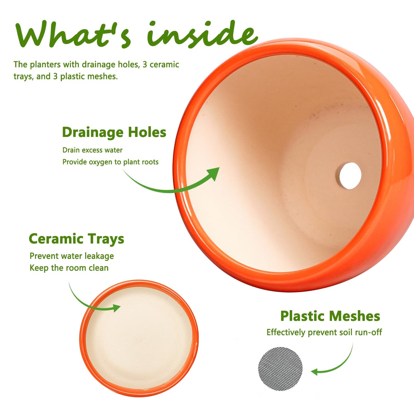 EPFamily Ceramic Planter - 10 Inch 8 Inch 6 Inch Plant Pot with Drainage Holes and Saucers, Round Planters for Indoor Outdoor, Modern Flower Pots, House Garden Room Decor, Gardening Gifts, Orange