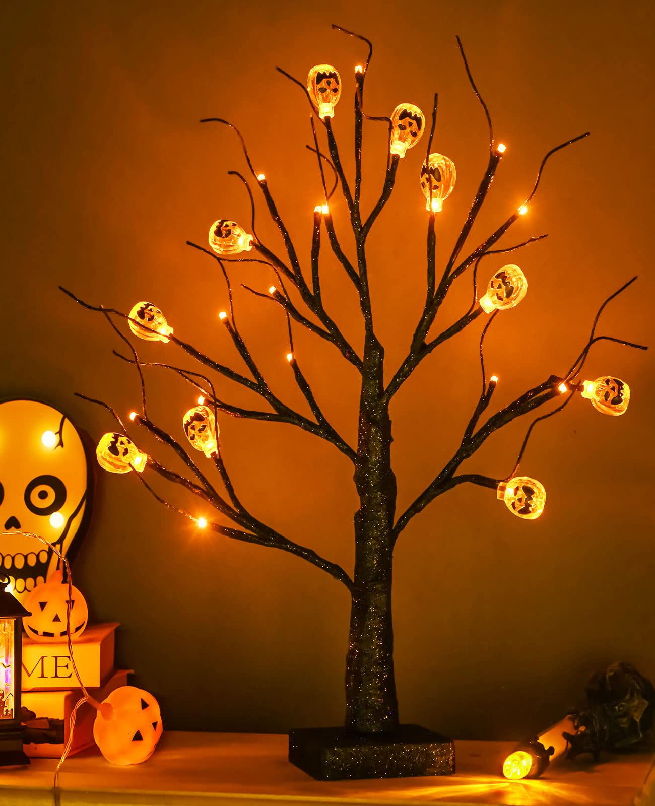 ZHOUDUIDUI 2Pack Halloween Tree, Black Spooky Tree with 24LED Orange Lights and 10 Pumpkin Ornaments Battery Powered 18IN Lighted Halloween Bonsai Tree for Indoor Tabletop Halloween Party Decoration