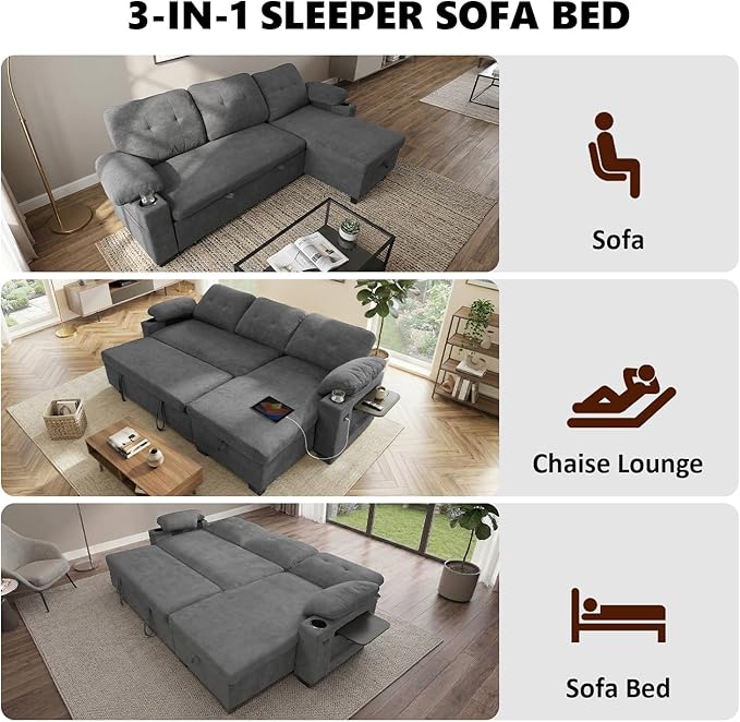 93" L Shaped Sleeper Sofa Bed, Pull Out Sectional Couch