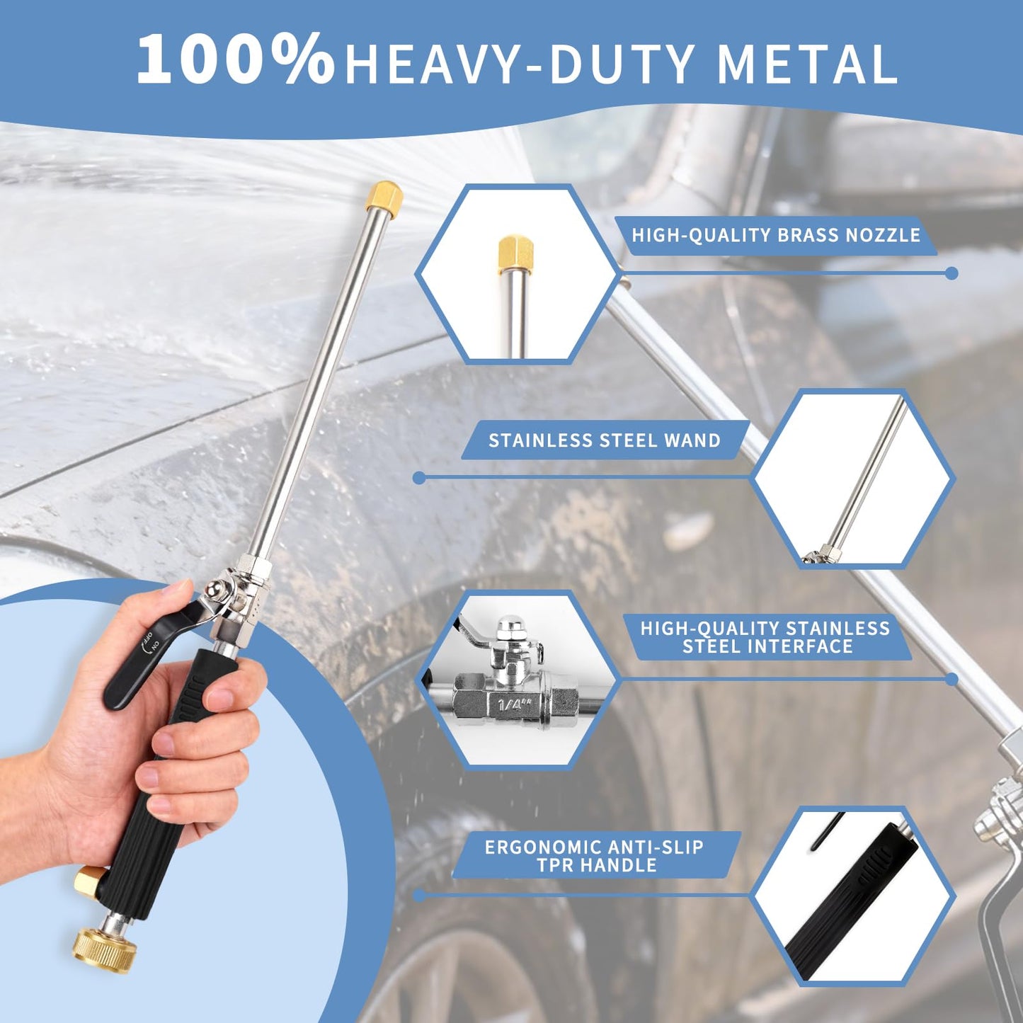 YunGuoGuo 39'' High Pressure Washer Hose Attachment Jet Nozzle,Hose into Power Washer Sprayer Wand with Flexible Hose Nozzle,Cleaning Tool for Gutter Patio Car Pet Window Glass Black