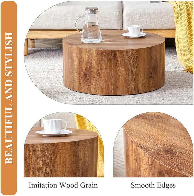 Round Coffee Table, 23.6" Modern Wood Drum Coffee Table, Round Accent Center