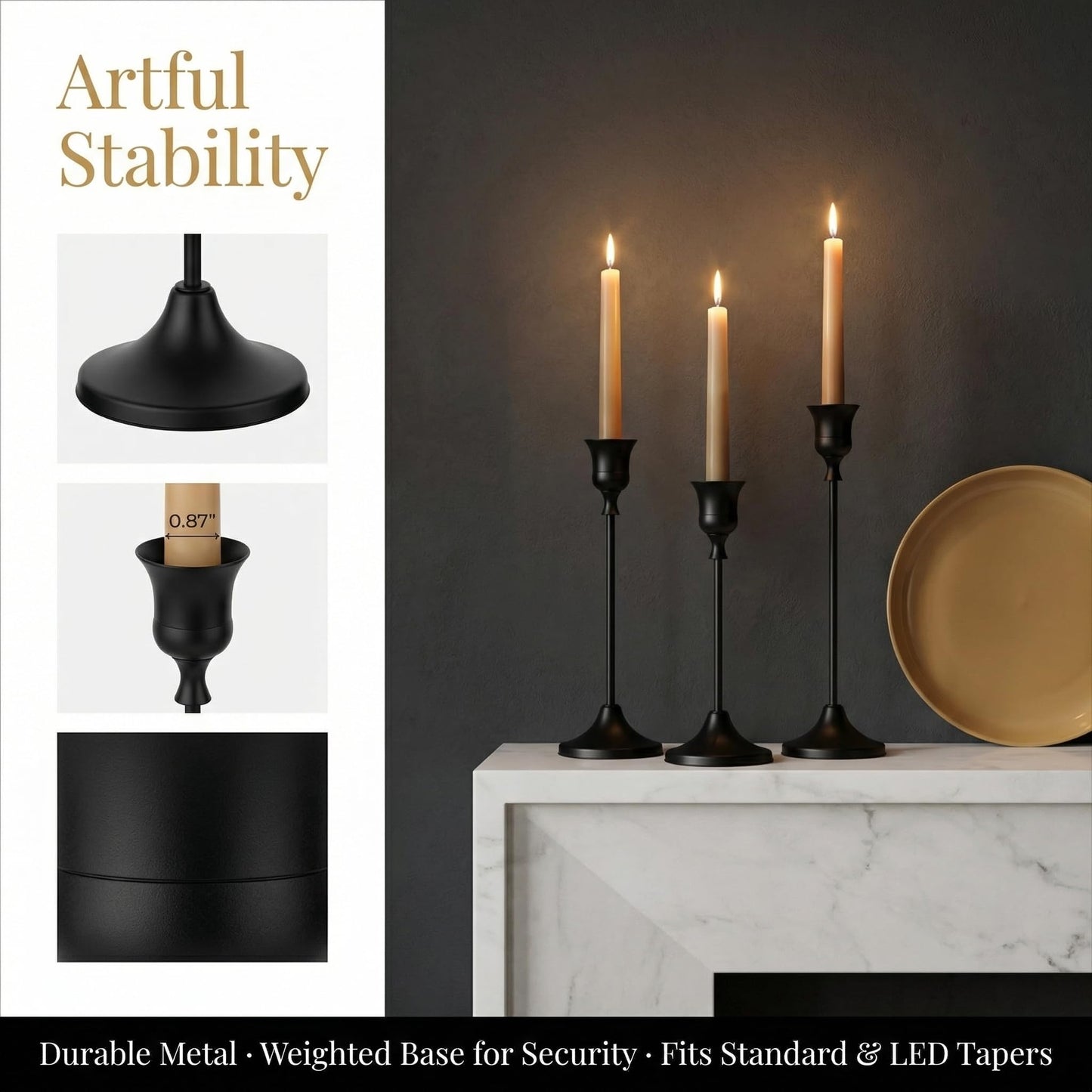 Set of 3 Black Tapered Candle Holder,Candlestick Tall Metal Candlestick Holders for Table Centerpiece Home Decor for Wedding Fireplace Mantel Housewarming Gift Fits 3/4 Inch Thick Candles