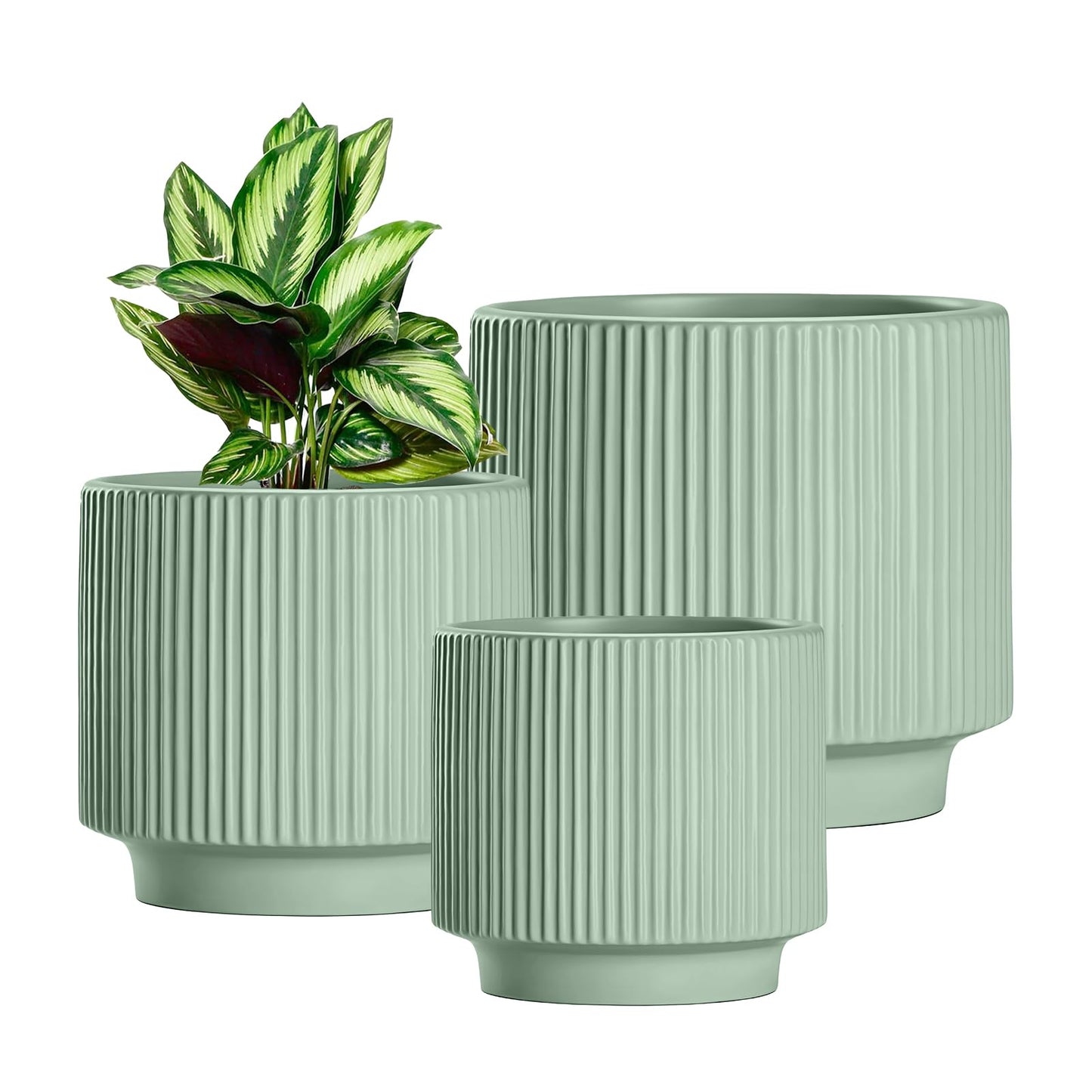 OXART Plant Pots, 8+6+5 Inch Pots for Indoor Plants, Outdoor Indoor Flower Pot with Drainage Holes for Home and Office, Modern Round Ceramic Planters, Set of 3 (Green)