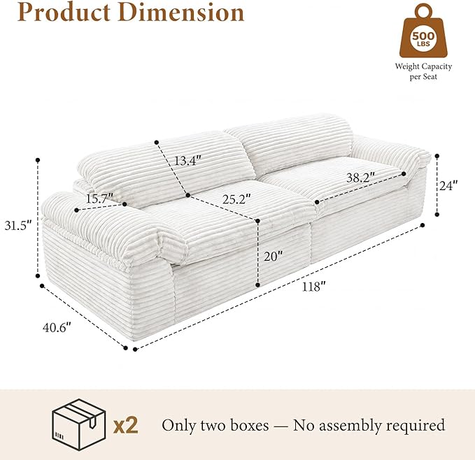 Vesgantti 118" Modular Sectional Couch, Comfy Corduroy Upholstered Cloud Couches