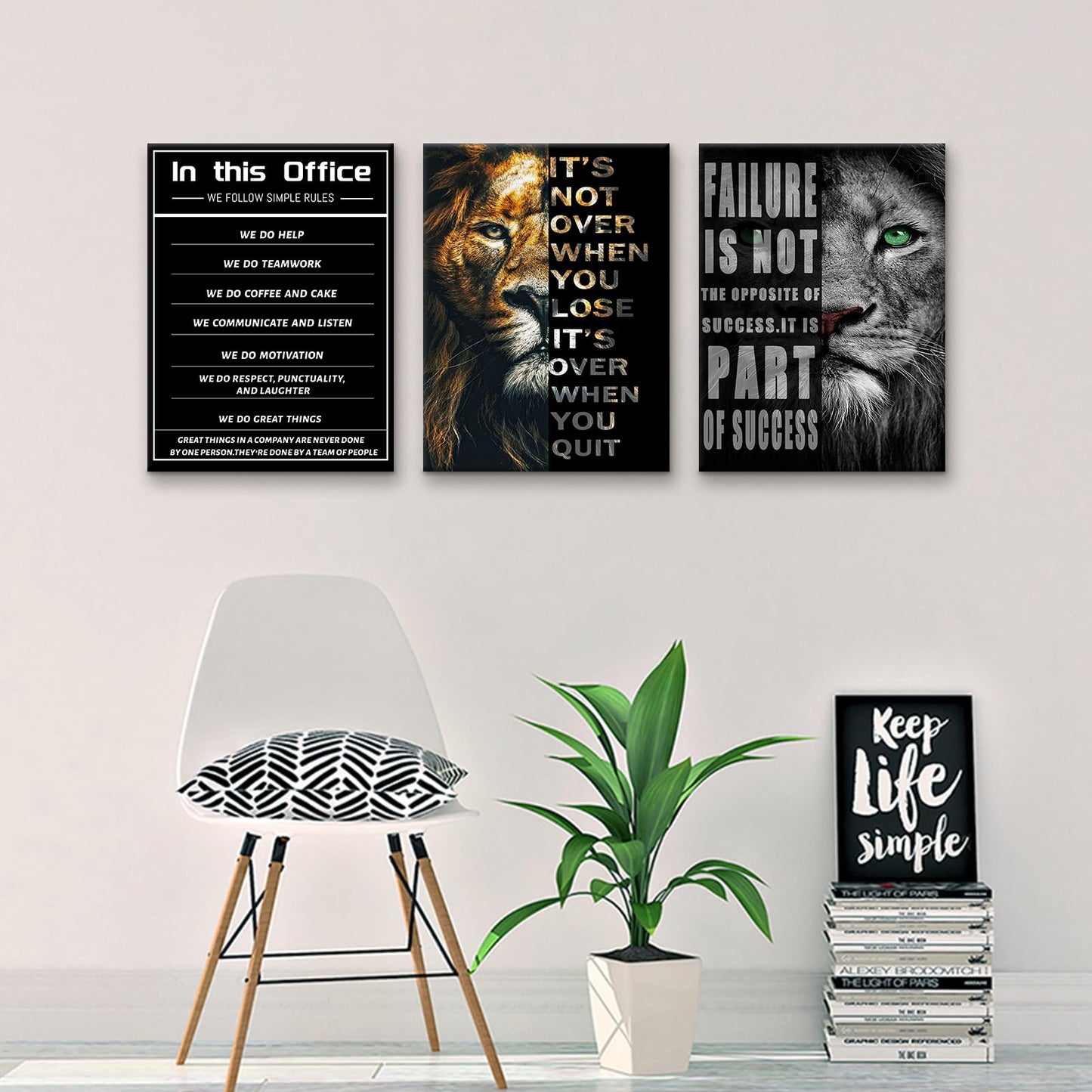 PSYYSP 3 Piece Canvas Wall Art Lion Office Values Posters, Black Motivational Triptych Wall Decor for Office, Bedroom, Dorm, Business Workspace, Framed Canvas 36x16inch