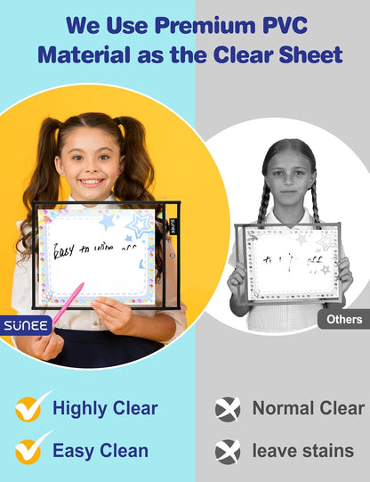 SUNEE 50 Packs Oversized Reusable Dry Erase Pocket Sleeves with 3 Rings, Black 10x14 Ticket Holders, Clear Plastic Sheet Protectors, Teacher School Classroom Supplies