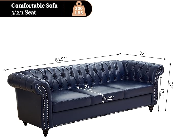 LEVNARY Chesterfield Sofa, 3 Seater Tufted Couch