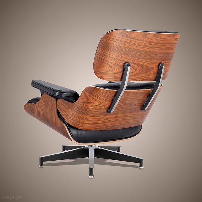 Top Black Grain Leather, Mid Century Chaise Lounge Chair and Ottoman, Accent