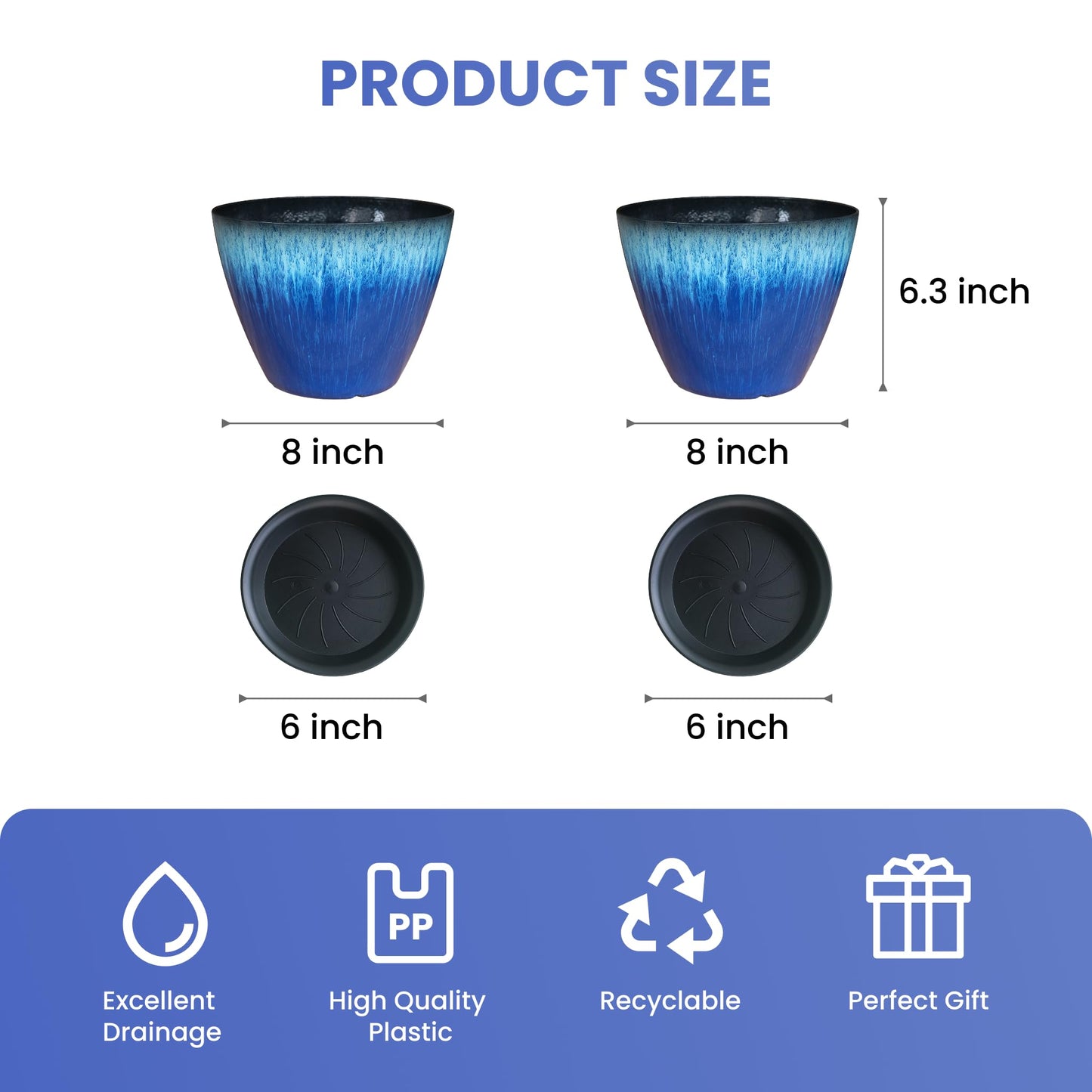 LESOASIS Pack of 2 Flower Pots, Plastic Plant Pots with Drainage Holes, 8 inch Modern Glossy Finishing Planter for Indoor Outdoor Plants (Blue Glaze, 2 Pack)