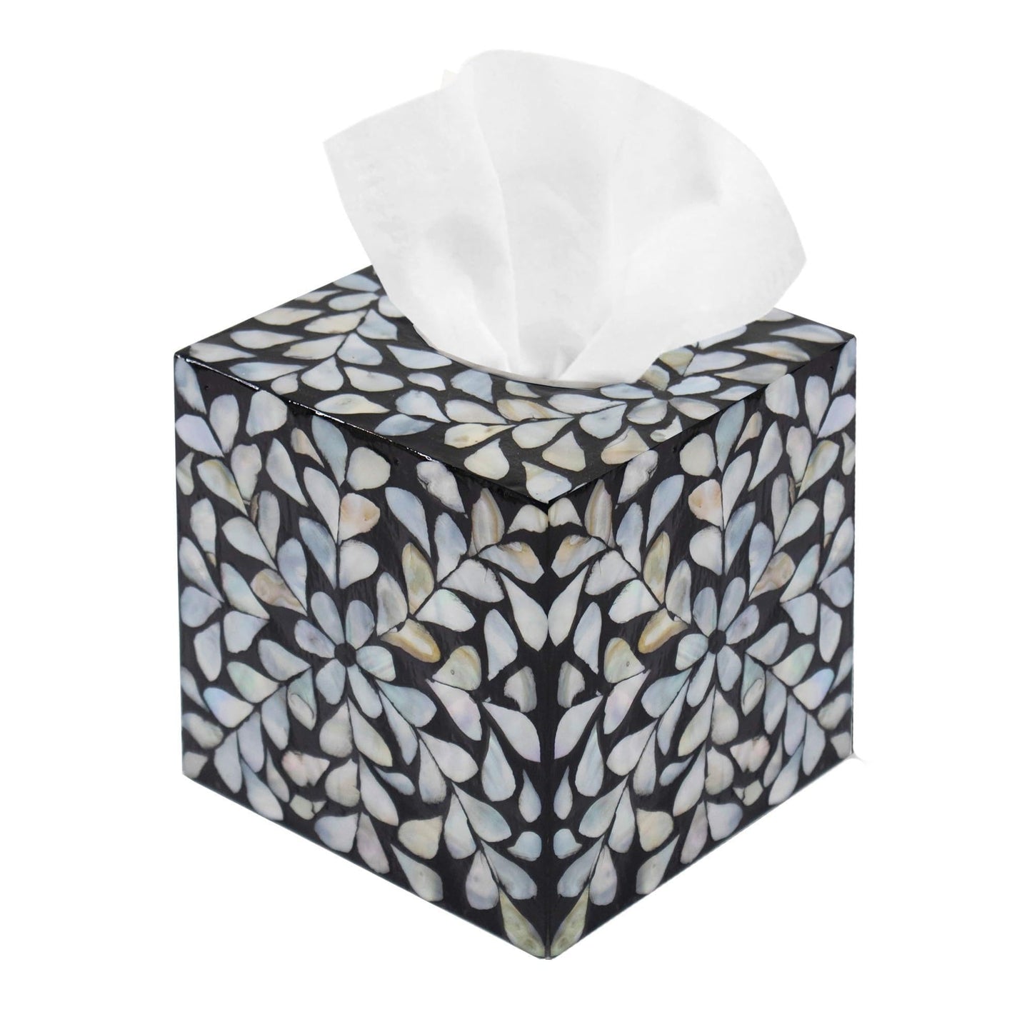 PEMAR Handcrafted Wooden Tissue Box Cover for Small Cube Tissue Boxes Only (Max Inner Size 4.7”) – Mother of Pearl Inlay Decorative Tissue Holder for Bathroom, Living Room & Office (White Vines)