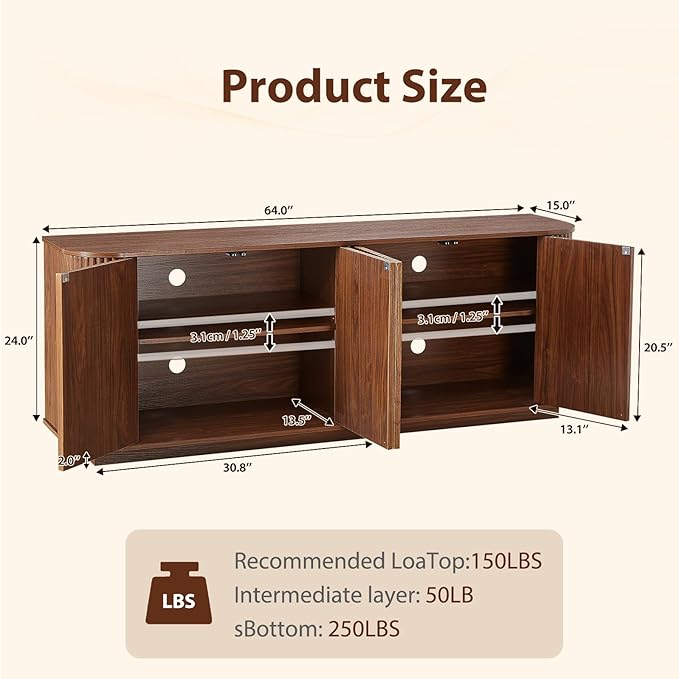 64" Fluted TV Stand for TVs up to 75 inch, Modern Entertainment Center