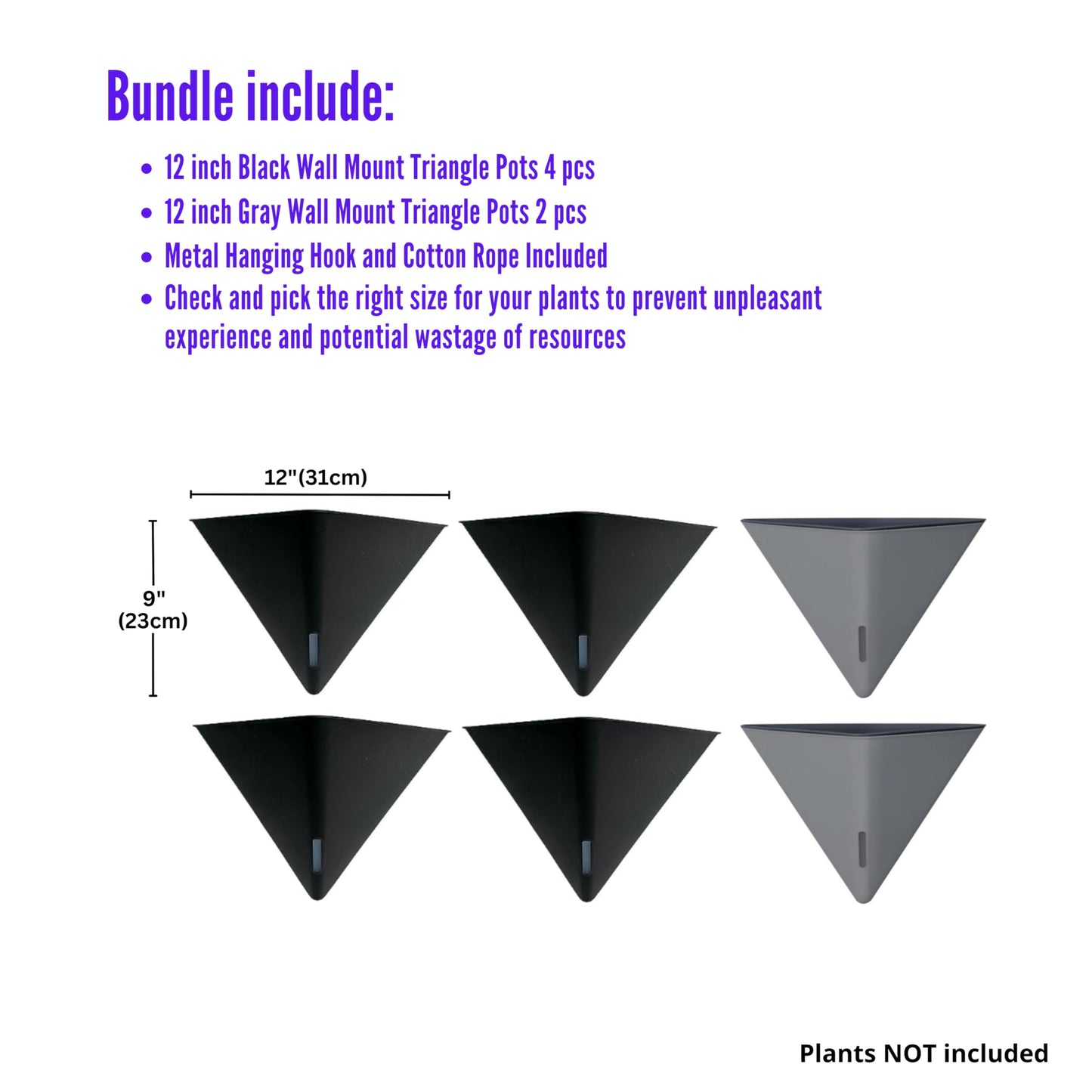 LaLaGreen Bundle - 12" x 4 Pack Black + 12" x 2 Pack Gray Large Self Watering Geometric Hanging Flower Vase Vessel with Metal Hanger, Modern Stylish Wall Mounted Succulent Pot Holder Decor