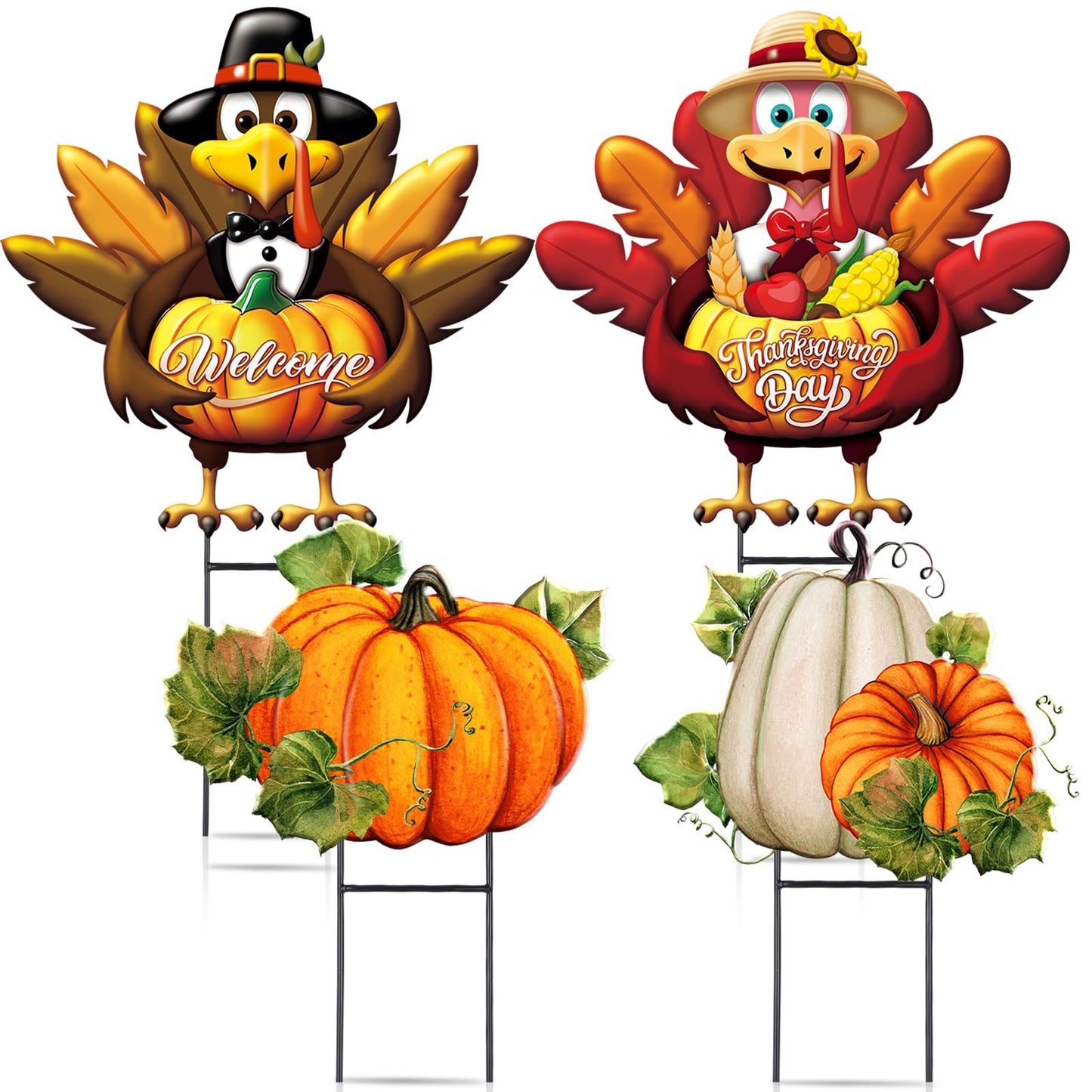 Quzzil 4 Pcs Thanksgiving Turkey Metal Yard Decorations Outdoor Pilgrim Turkey Decorative Garden Stakes With Stakes Large Fall Pumpkin Yard Sign for Thanksgiving Autumn Farmhouse Patio Outdoor
