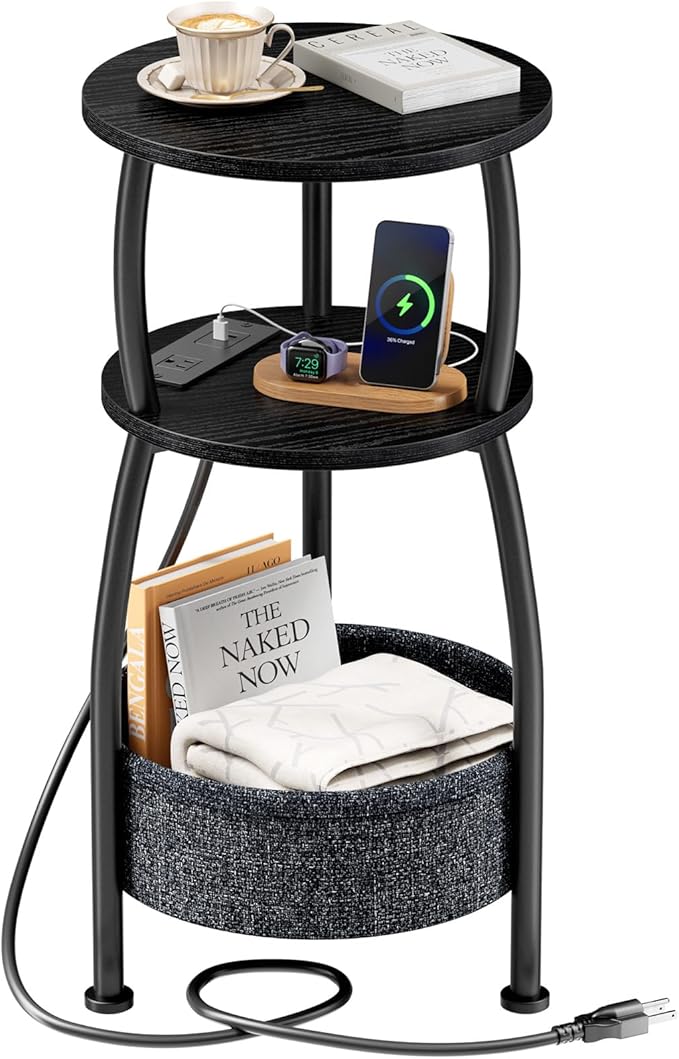 Round Side Table with Power Outlets, Small Coffee Table with S Basket, Space