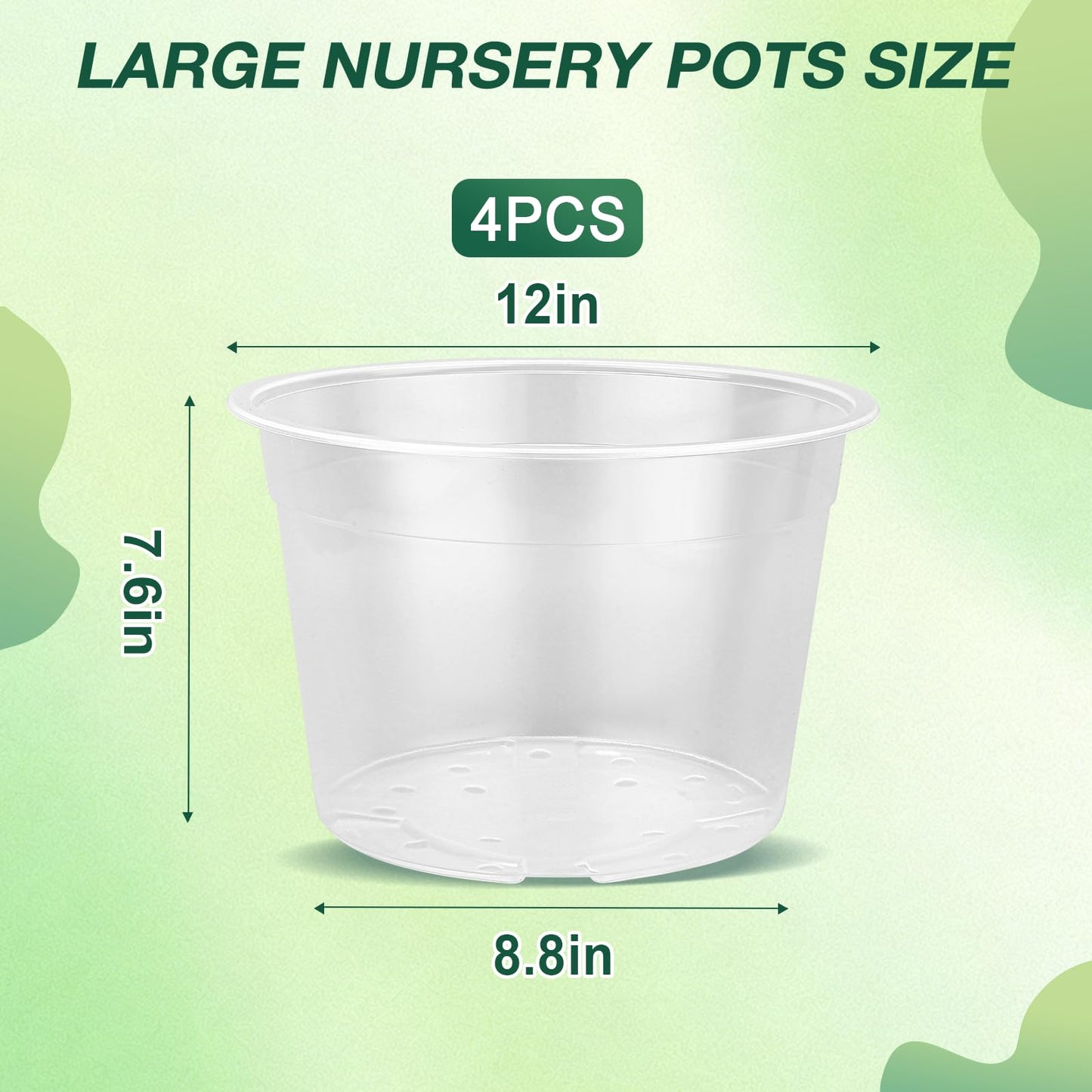 GUGEMEI 12 Inch Clear Nursery Pots with Drainage Holes, 4 Pack Flexible Large Plant Pots for Plants, Plastic Clear Nursery Pots for Seedling, Shrubs, Herbs, Flowers, Vegetables