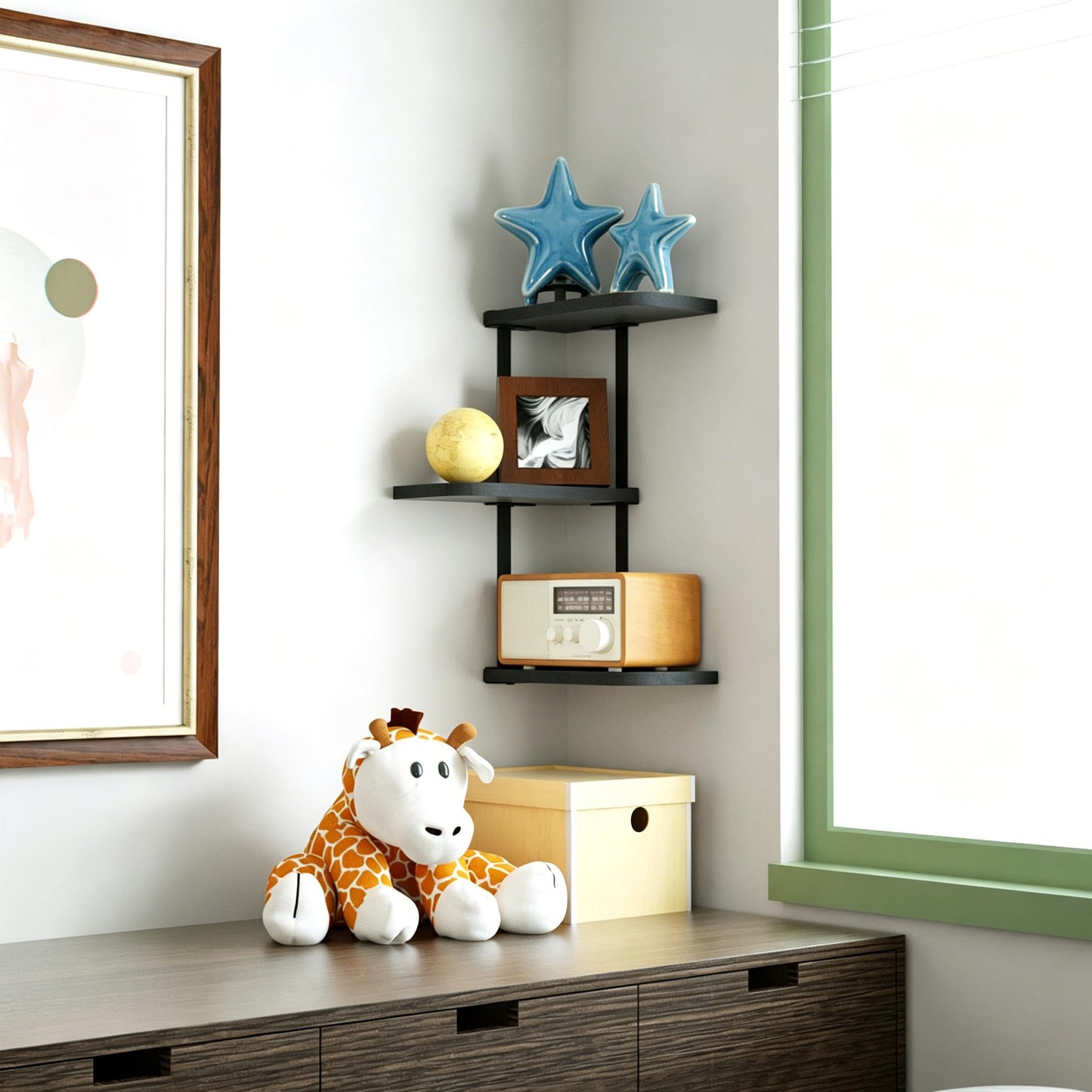 Love-KANKEI Corner Shelf Wall Mount of 3 Tier Rustic Wood Floating Shelves for Bedroom Living Room Bathroom Kitchen Office and More Black