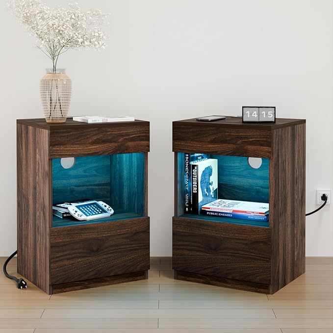 HOMMPA Set of 2 Open Shelf LED Nightstands