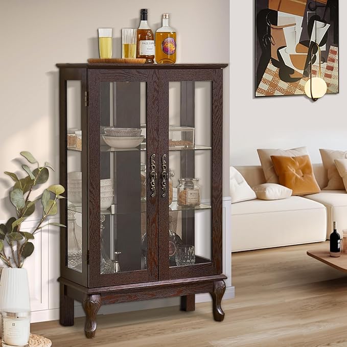 Curio Cabinet with Lighted Display, Glass Display with Mirrored Back, Vintage