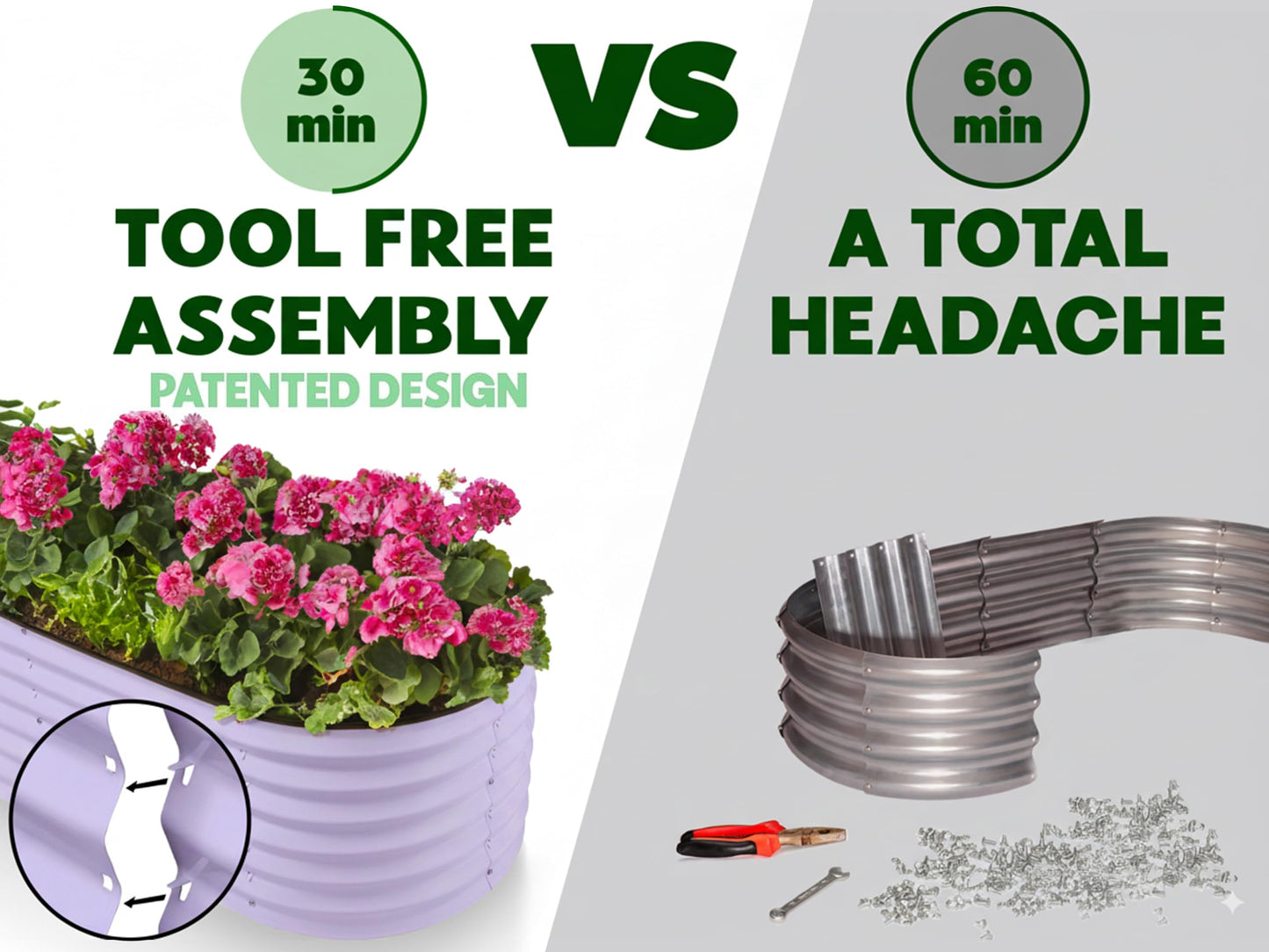 9-in-1 Galvanized Steel Raised Garden Bed // 8×2×1.5 ft Modular Planter for Gardening, Vegetables, Flowers // 18" Tall Metal Raised Garden Beds Outdoor (Lavender) // Patented Design Planter Box