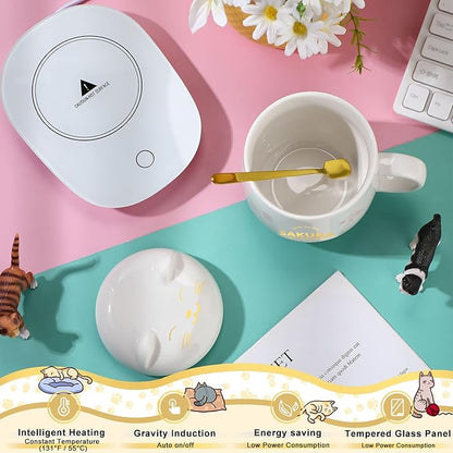 Honeydak Coffee Mug Warmer Cute Cat Mug Set Cup Warmer for Women Heated Coffee Warmers for Mom Home Office Desk Valentine's Day Anniversary Birthday Gifts(Sakura,White)