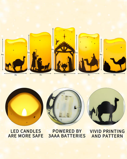 ONEIHOMM 5 Pcs Christmas Nativity Scene Candles with Timer Remote Control