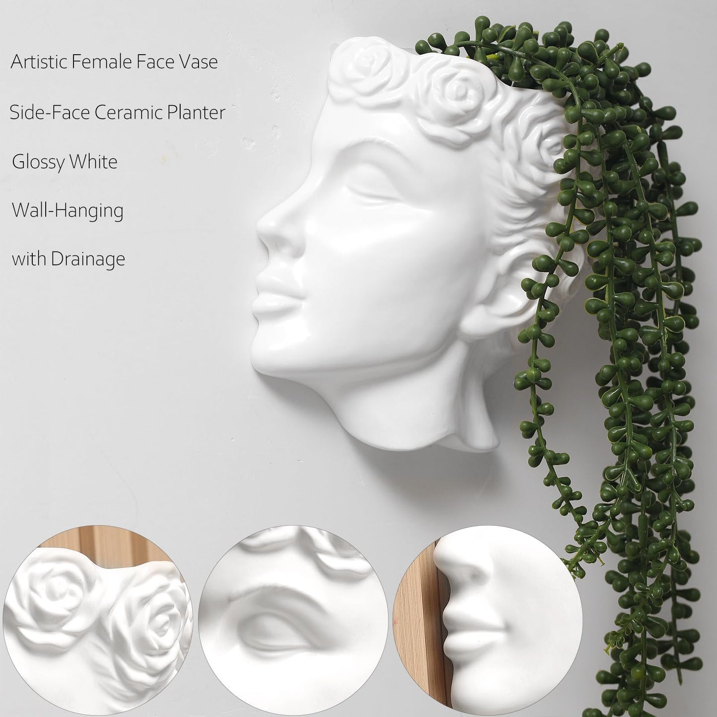 Yuccasly Side-Face Ceramic Planter – Glossy White, Wall-Hanging, with Drainage – 6.7"" Artistic Female Face Vase