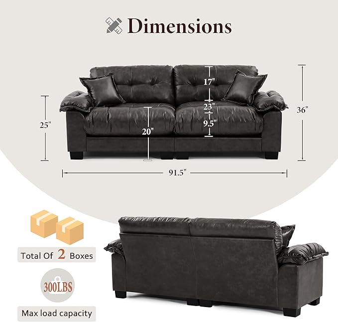 Faux Leather Sofa, Mid Century Modern Leather Upholstered Deep Loveseats