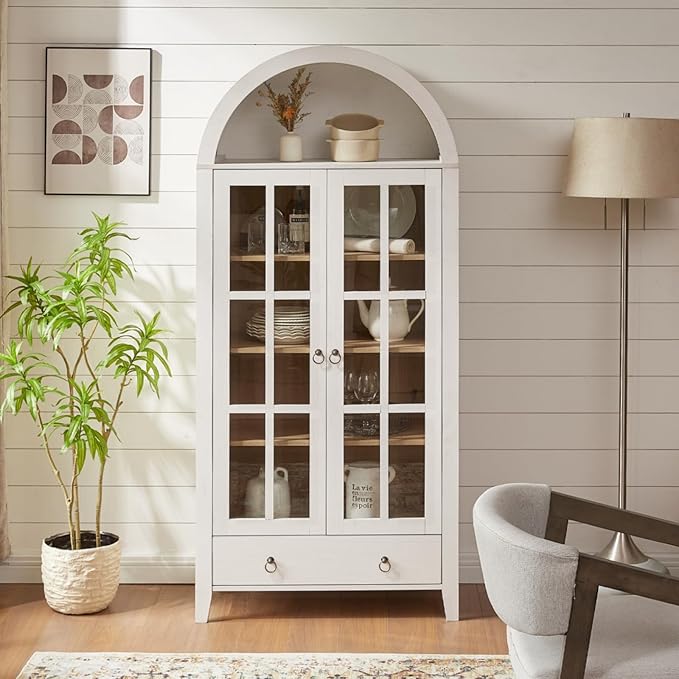 Farmhouse Arched Cabinet with Glass Doors, Wood Display Cabinet with Drawer and