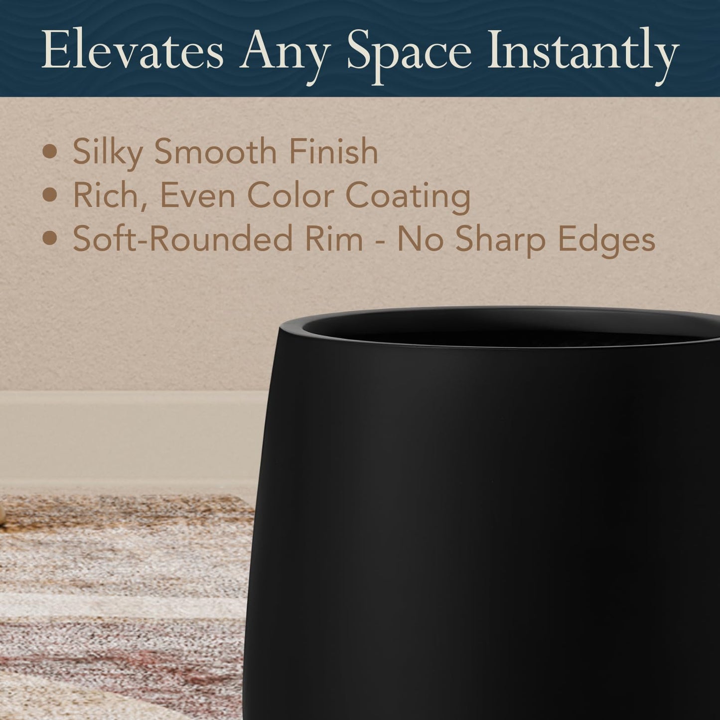 KUTE NEST 16.5" H x 15" D Premium Corso Fiberstone Round Tapered Planter with Drainage Hole, Weather Resistant for Indoor & Outdoor Use, Included 2 Extra Coco Mats (Black, 11.5" Pot Opening)