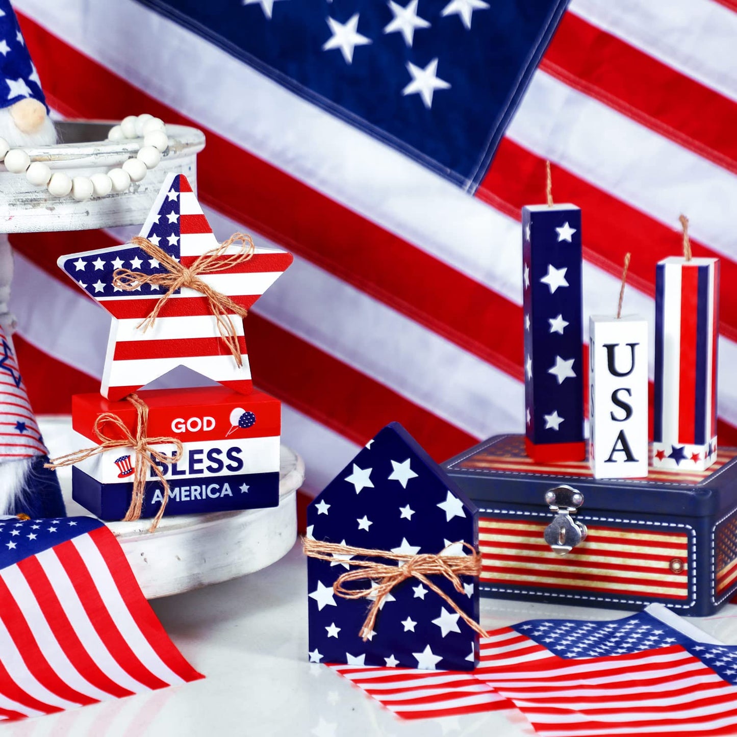 Kigley 8 Pcs 4th of July Table Decorations Wooden Patriotic Decorations 4th of July Tiered Tray Decor Set Faux Book Stack Firework Centerpieces Independence Day Tabletop for 250th Anniversary Home