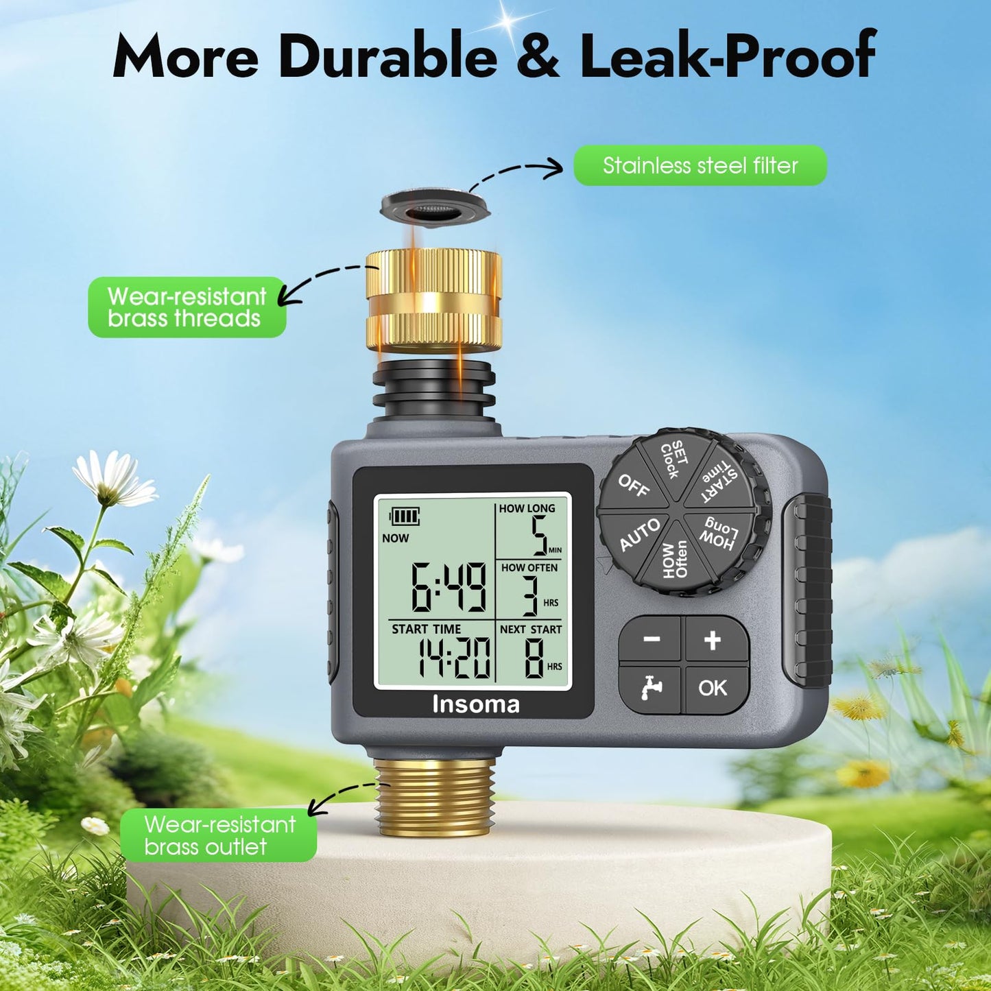 Sprinkler Timer with Brass Inlet & Outlet, Water Timer for Garden Hose with Auto/Manual/Rain Delay Mode, Easy Setup Hose Timers for Lawn, Garden, Vacation Watering,1 Outlet
