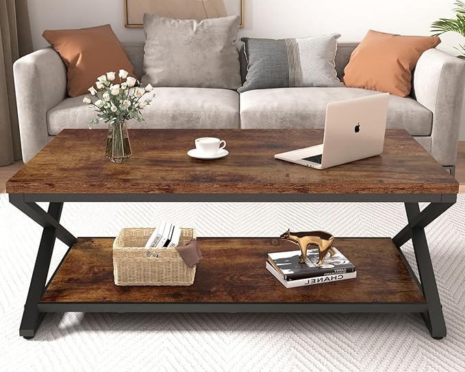HSH Rustic Coffee Table with Storage Shelf, Industrial Metal Wood Living Room