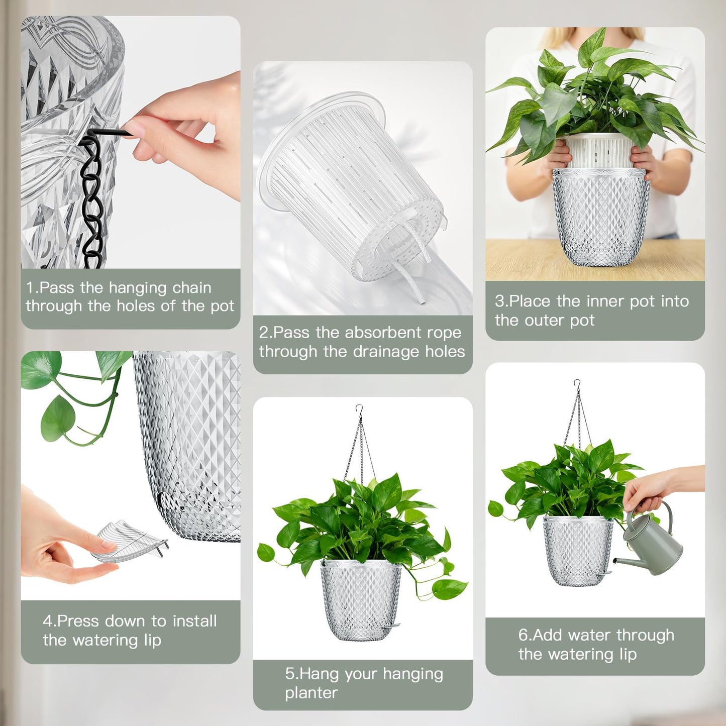 QCQHDU Hanging Planters for Indoor Plants, 2-Pack 5.7 Inch Self Watering Hanging Pots, Plastic Plant Hanger with Drainage Holes and 3 Hooks Chains for Garden Home (Clear)