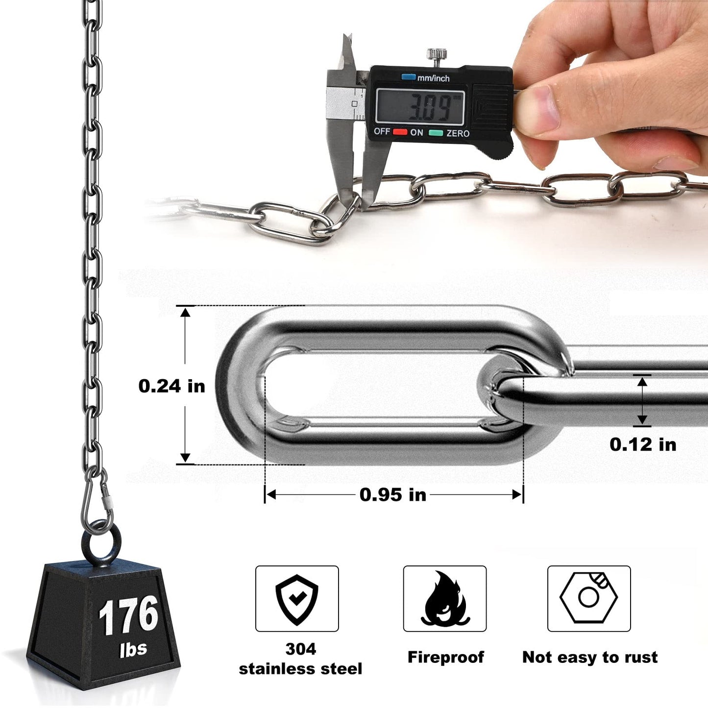 Vigtayue 1/8" Stainless Steel Link Chain, 304 Stainless Steel Link Heavy Duty Coil Chain with Carabiners, 2PCs Hanging Safety Chains for Swing Plants Anti-Theft Pet Dog Anchor Fence Towing Chain Link