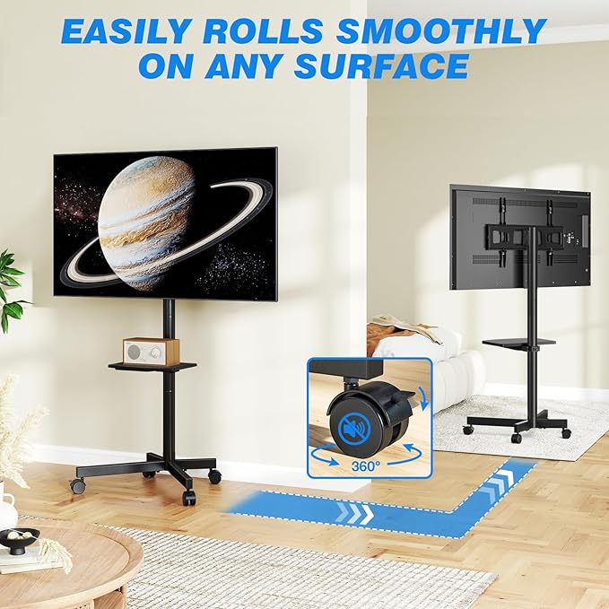 Rolling TV Stand with Shelf for 23-65 inch TVs up to 88lbs, Portable Mobile TV