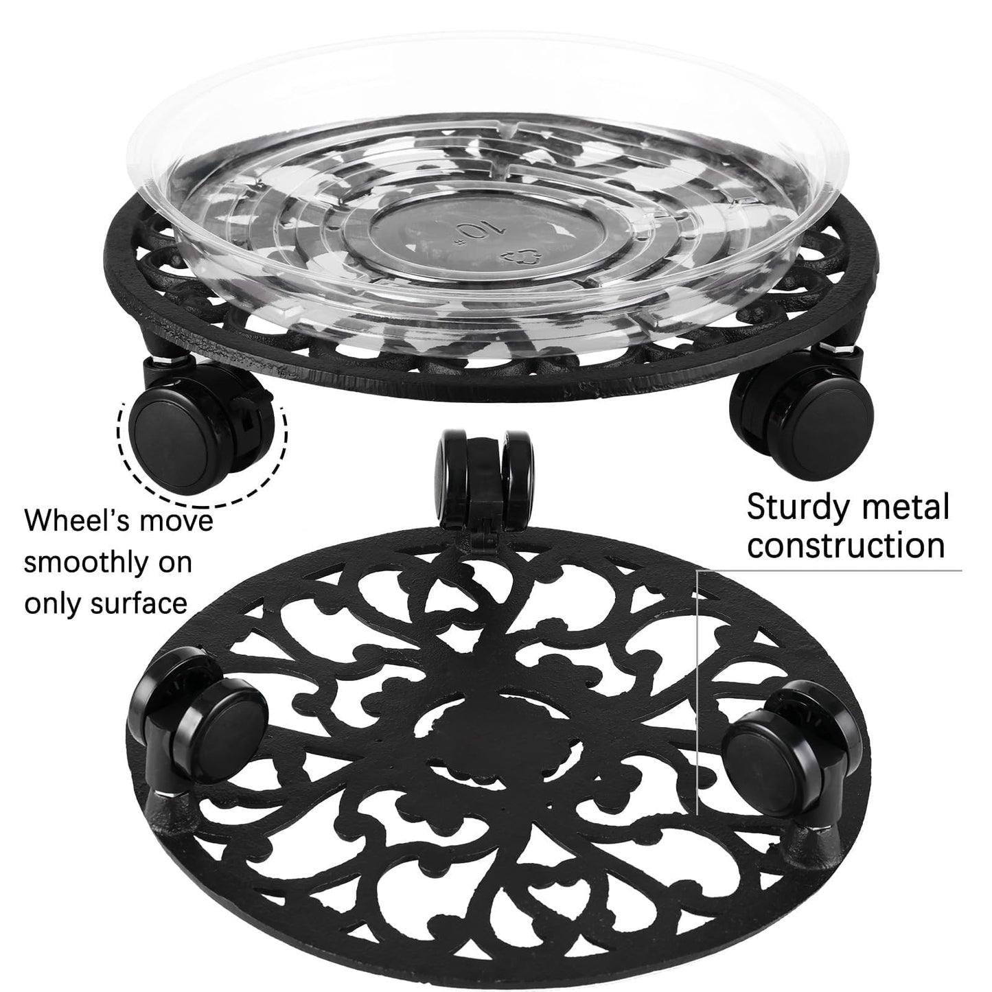 2 Packs 11 Inch Rolling Plant Stand with Wheels Wrought Iron Rolling Plant Stand with Casters Heavy Duty for Indoor Plants Rollers Potted Plant Mover, Metal Round Plant Dolly