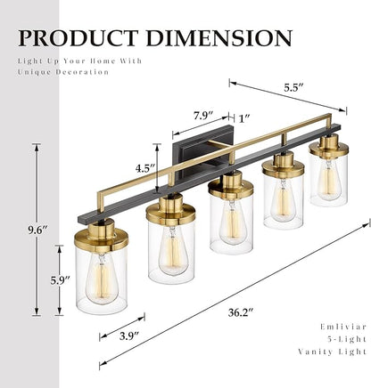 Emliviar 36 Inch 5-Light Bathroom Light Fixtures with Clear Glass Shade, Modern Vanity Lights Over Mirror for Bathroom, Bedroom, Hallway, Black and Gold Finish, YCE238B-5W BK+BG