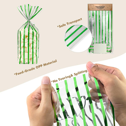 EKAPACKAGING 25 Pcs 3.21x2.42x12in Flat Bottom Cellophane Bags (6x12in Flat Size), Foil Green Stripe Treat Bags with Ties, Heat Sealable Clear Cello Bags for Cookies