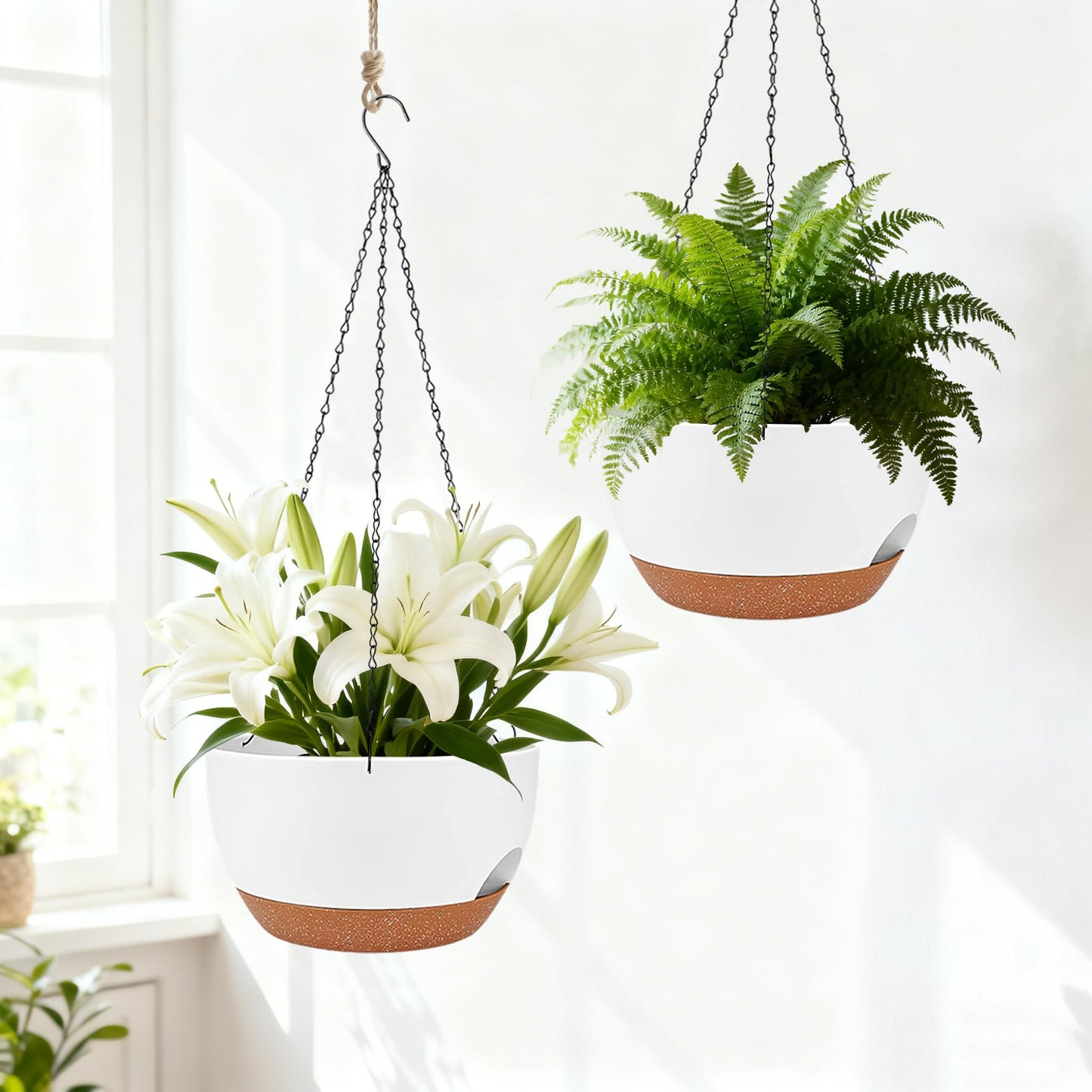 zople Set of 2-8 Inch Self Watering Hanging Planters for Indoor Outdoor，Hanging Plant Pots with Drainage & Removable Tray, Hanging Pots Holder for Ivy, Pothos, Ferns, Balcony & Patio, White Brown