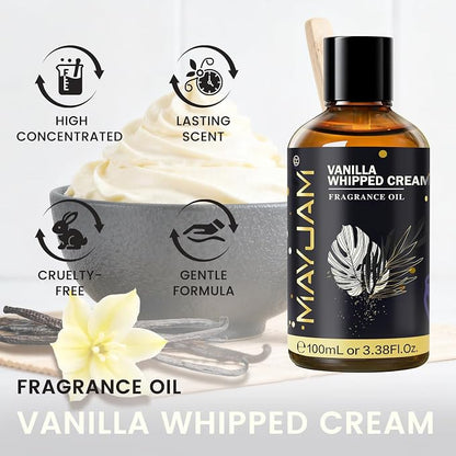 Vanilla Whipped Cream Fragrance Oil Essential Oil, MAYJAM 3.38FL.OZ Vanilla Whipped Cream Oil for Diffusers for Home, Long Lasting Scented Oils for Soap Candle Making - 100ML