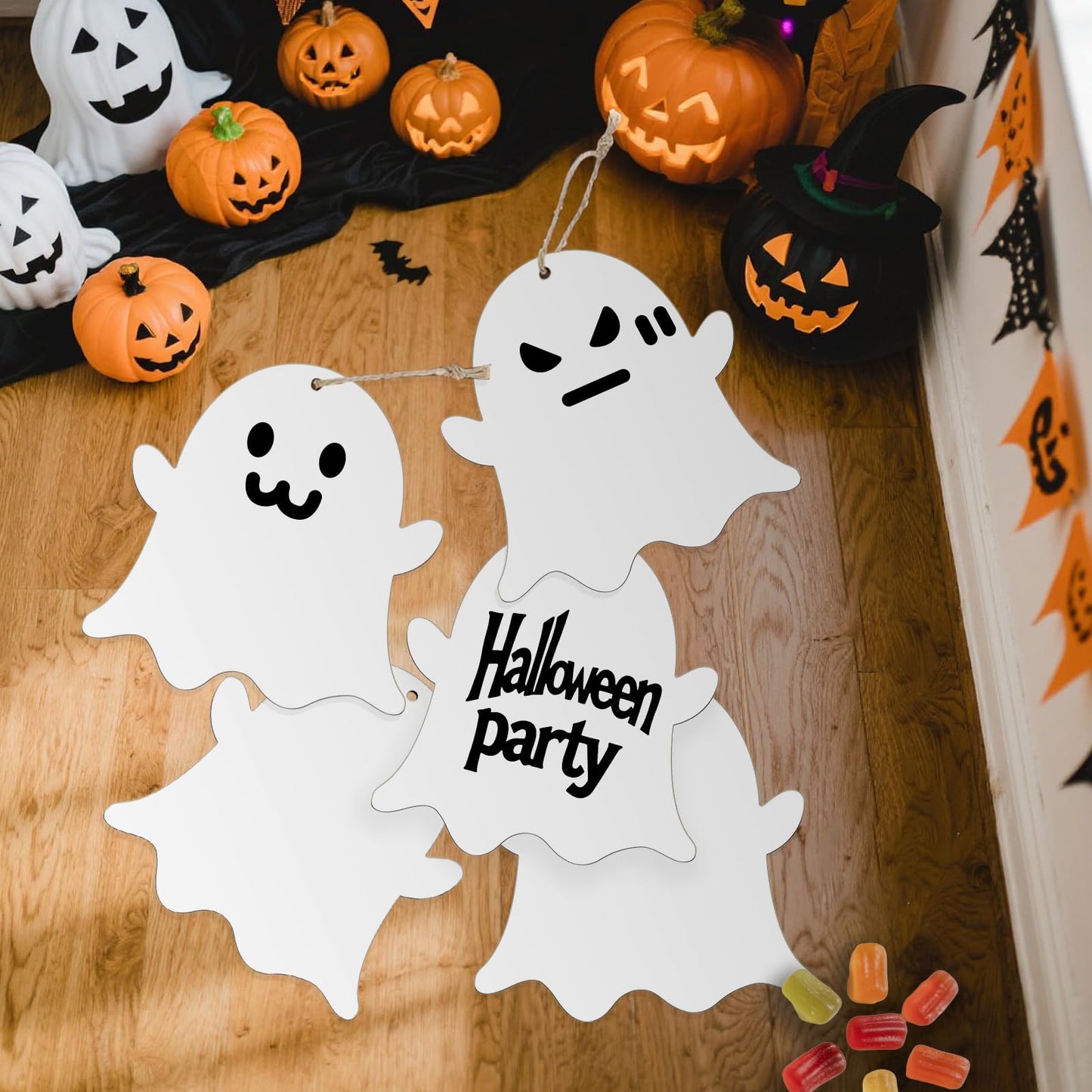 kuchisity Large Size 7'' Wooden Halloween Ornaments to Paint 30 Pcs DIY Blank Unfinished Ghost Wooden Cutouts with Twines for Halloween Thanksgiving Day Fall Party