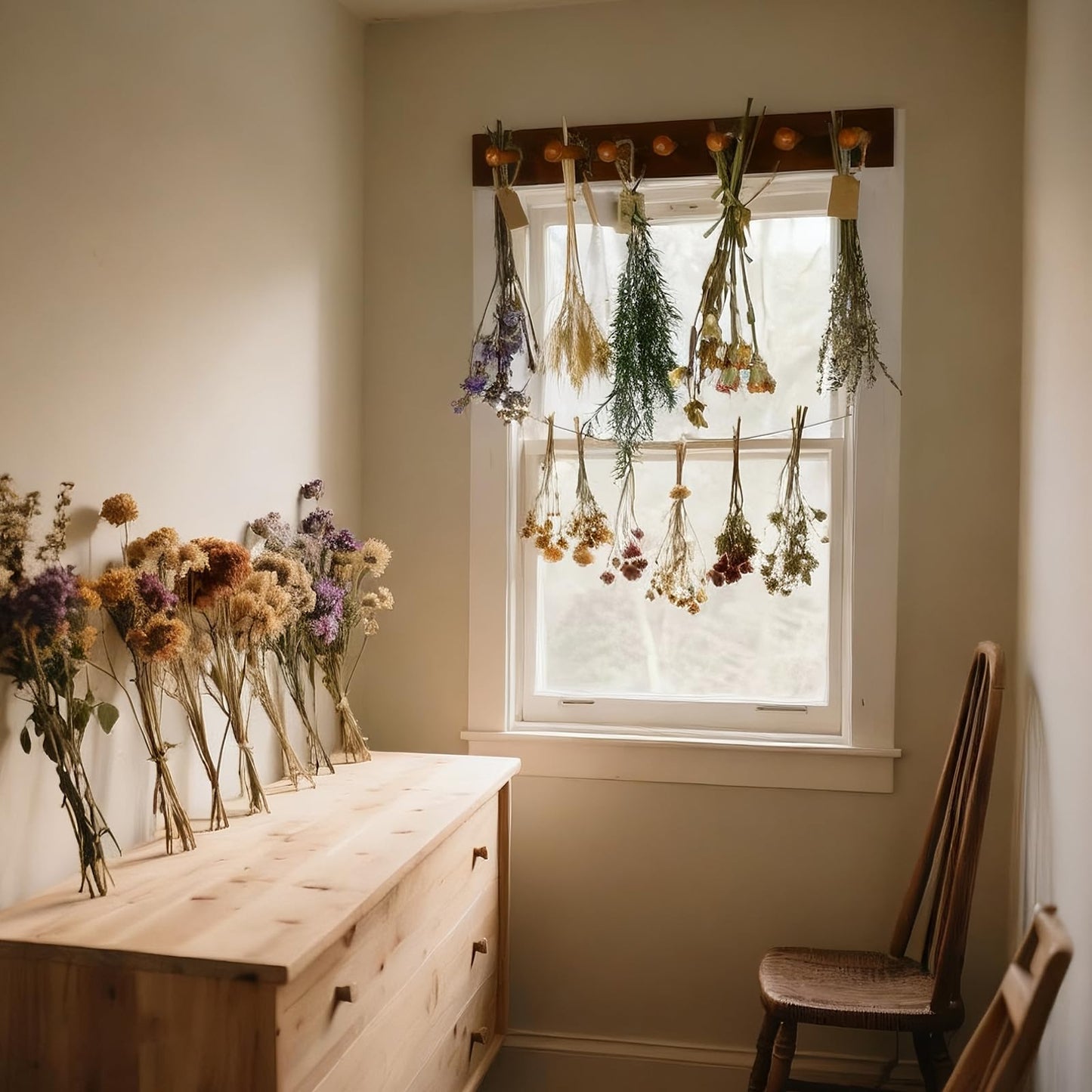 Tnstbiee Rustic Hanging Herb Drying Rack–Space-Saving Design Holds 7 Bouquets,Fits Window,Door Kitchen Areas-Great for Kitchen Witches Herb Display-Unique Gift for Gardening Enthusiasts-Wall Art Décor